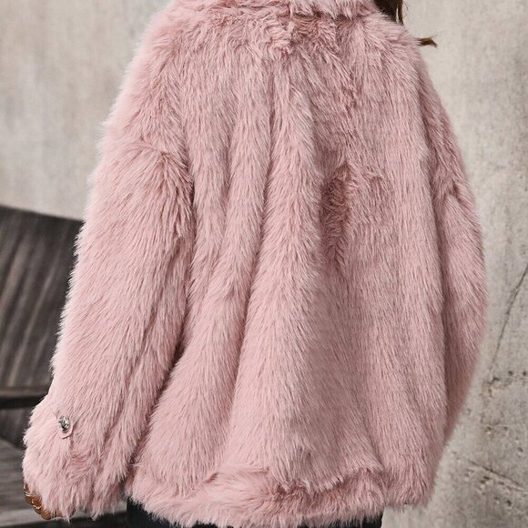 Coral Pink Women's Solid Open Front Fuzzy Coat - Picture 2 of 6